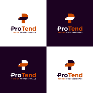 Het logo op vier vlakken, twee wit en twee donkerpaars, met de kleuren omgewisseld.