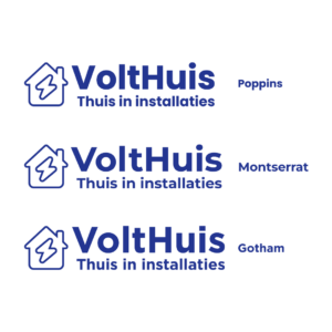 Drie lettertypen naast elkaar voor het woordmerk VoltHuis in blauw, met de regel thuis in installaties.